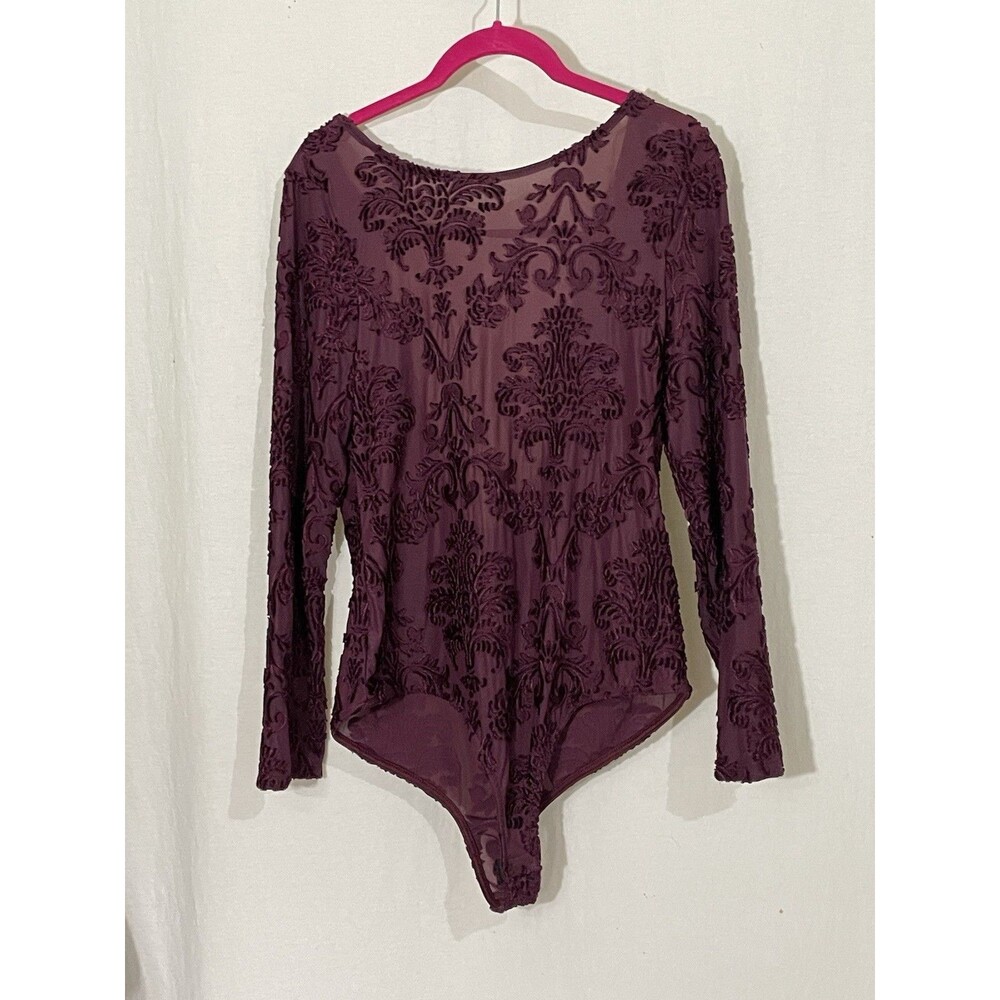 Iris Y2K Body Suit Womens 2X  Burg Floral Burn Out Velvet Sheer Whimsygoth Vamp